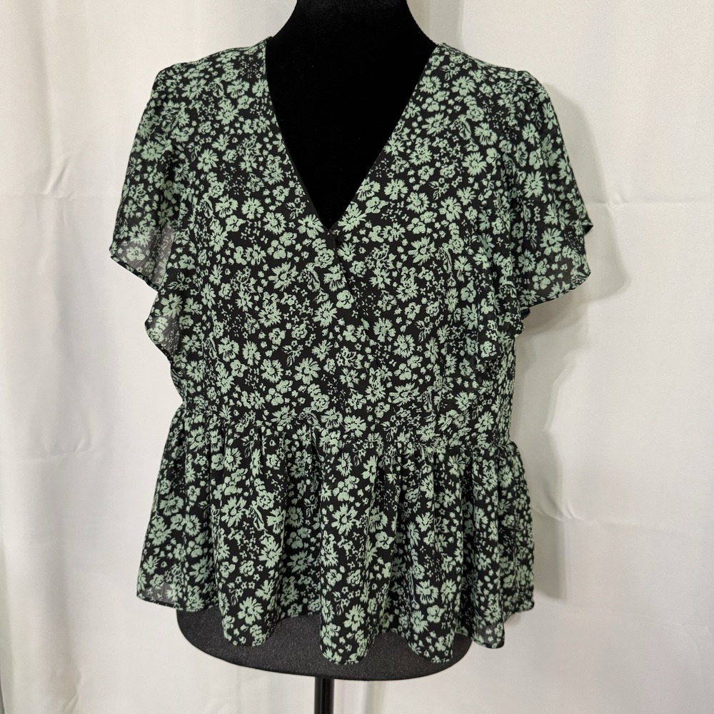 Madewell Floral Peplum Blouse Small Black Green V Neck Sheer Top Cottagecore